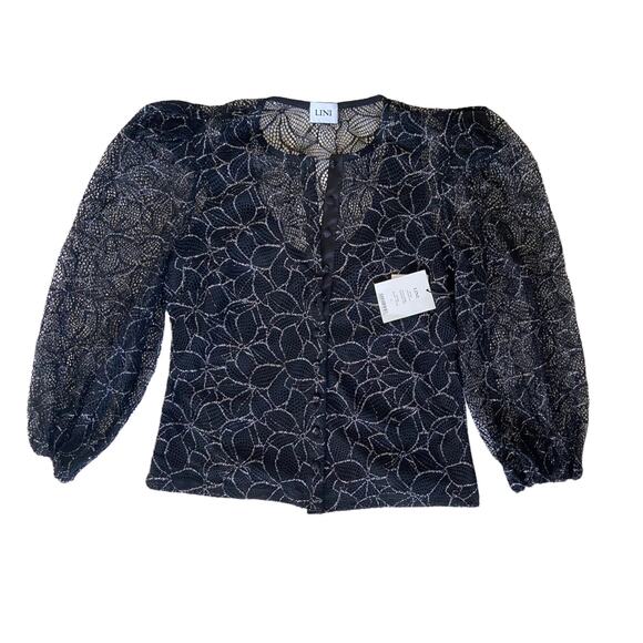 LINI Black Lace Button Up Blouse Size M - Picture 5 of 10